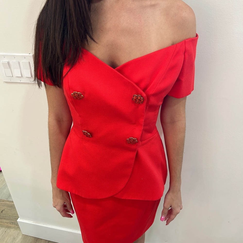Arnold Scaasi Vintage Skirt Set Red 100 Cotton Off Shoulder Size 4 Coord 1990s